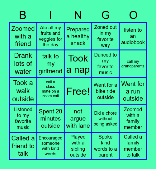 Staying Healthy BINGO! Bingo Card