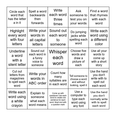 Your Choice! Choose any 3 activities! Bingo Card