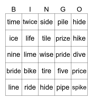 Long i VCE Bingo Card
