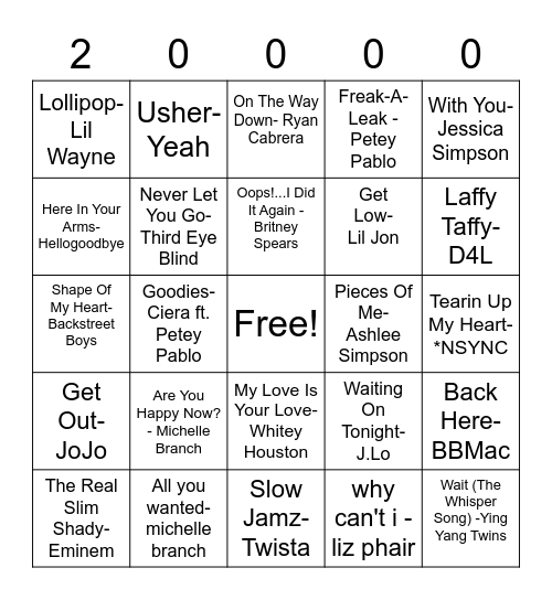 2000s Music Bingo Card