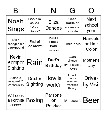 O'Connor Family Quarantine BINGO Card