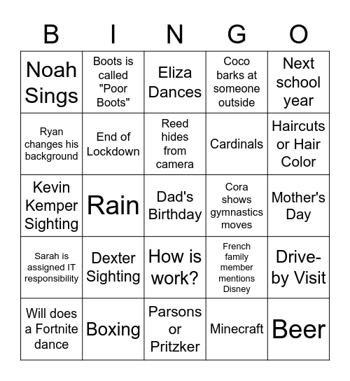 O'Connor Family Quarantine BINGO Card