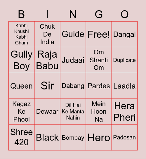 Classic Bollywood Bingo Card