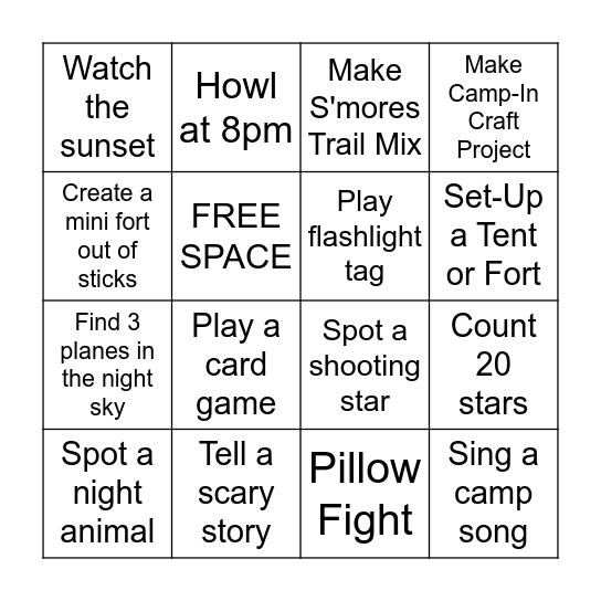 Camp-In BINGO Card