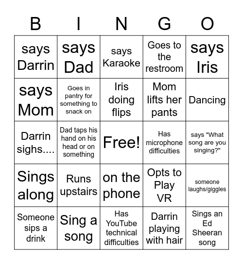 Family Night Bingo Card