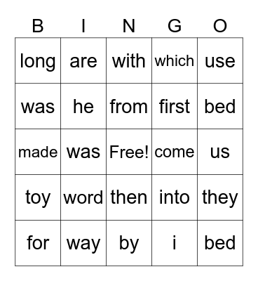 Sight Words Bingo Card