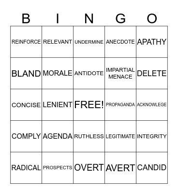 VOCABULARY WORDS Bingo Card