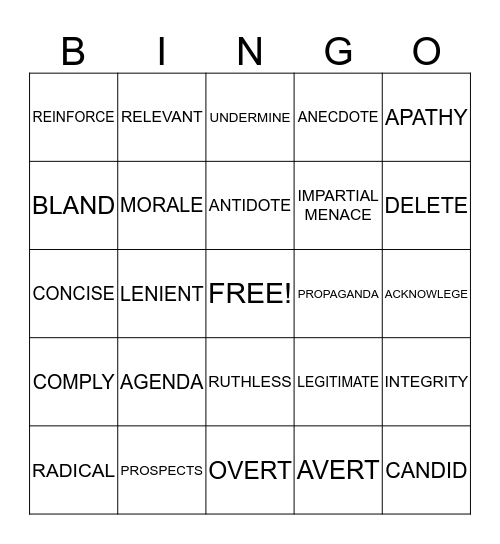 VOCABULARY WORDS Bingo Card