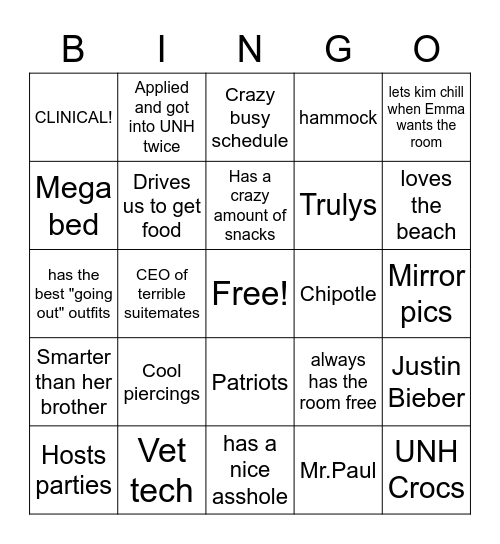 Nadia Bingo Card