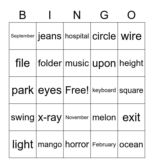 WORDS Bingo Card