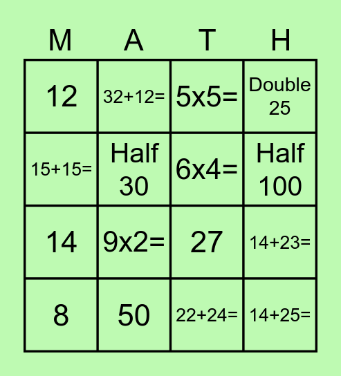 Warm-up Maths Bingo Card