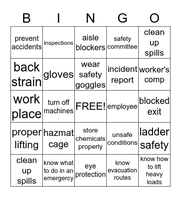 saftey Bingo Card