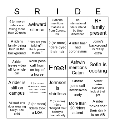 Ride Zoom Reunion Bingo Card
