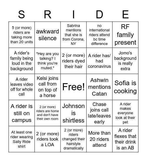 Ride Zoom Reunion Bingo Card