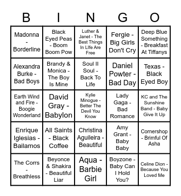 Pop Music 2 Bingo Card