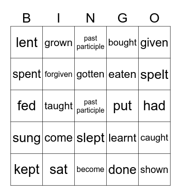 Irregular Verbs Past Tense Bingo Card