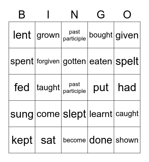 Irregular Verbs Past Tense Bingo Card