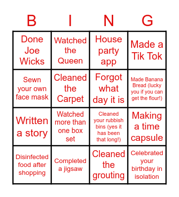 Covid Isolation Bingo Card