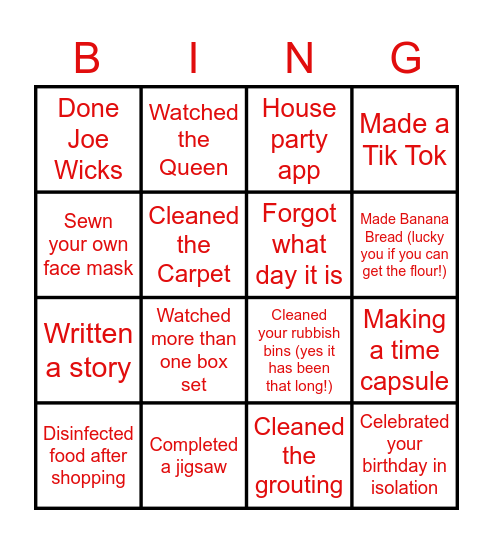 Covid Isolation Bingo Card