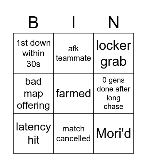 DBD Survivor Bingo Card