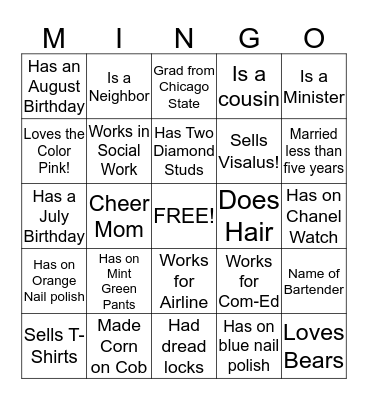 FAM/FRIENDS PARTAY!  Mingle/Bingo "MINGO!" Bingo Card