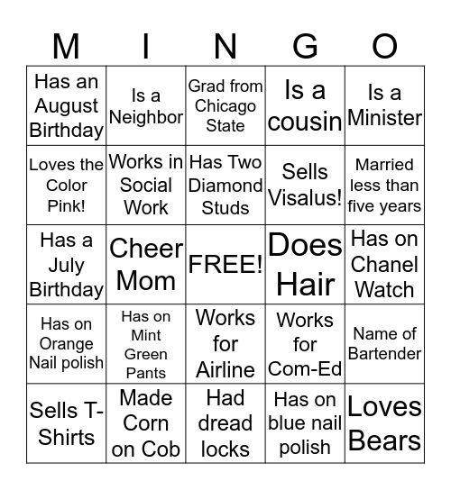 FAM/FRIENDS PARTAY!  Mingle/Bingo "MINGO!" Bingo Card