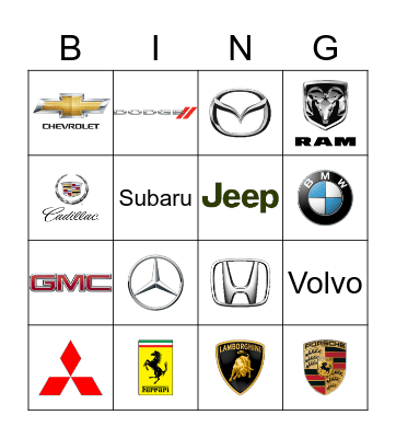 Cars Bingo Card