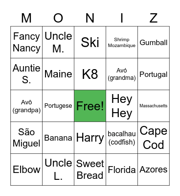 Moniz Family Bingo Card