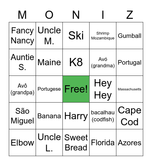 Moniz Family Bingo Card