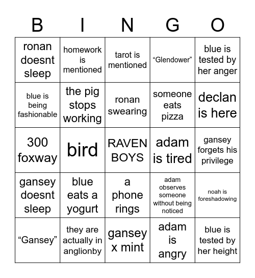 Raven Boys Bingo Card