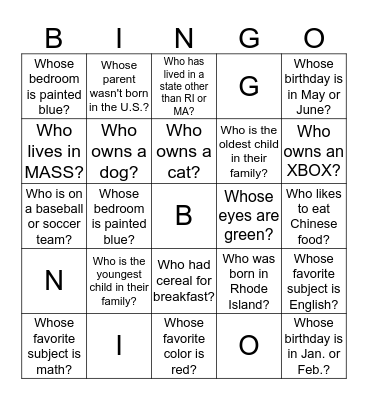 Get to Know you Bingo Card