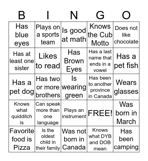 Cubs Bingo Card