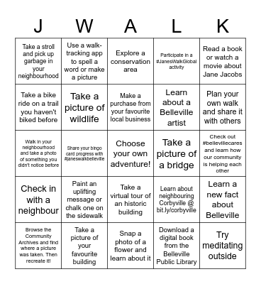 Jane's Walk Belleville Bingo Card