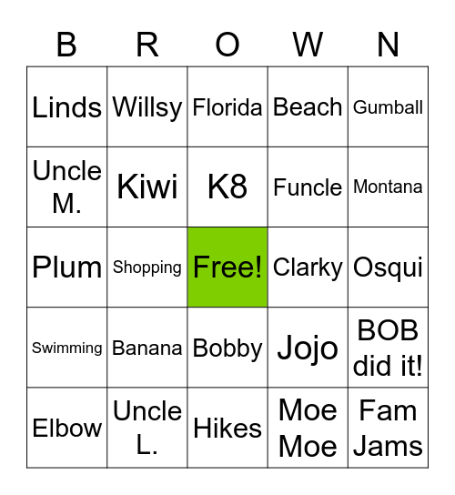 Brown Family Bingo Card