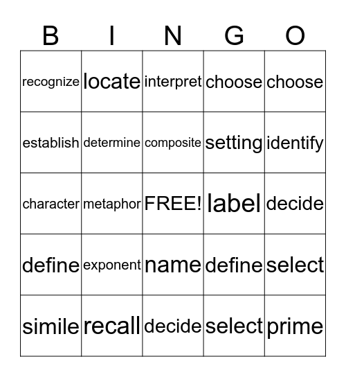 Week 5 Vocabulary Bingo Card