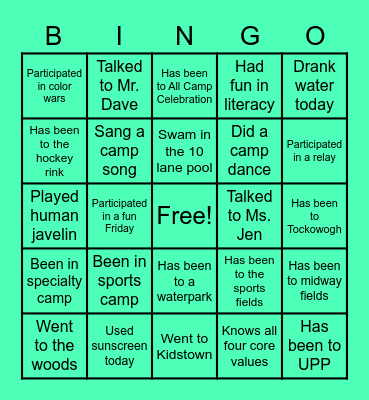 Camp Wassaqui Bingo Card