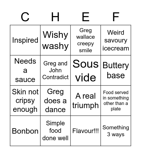 Master Chef Bingo Card