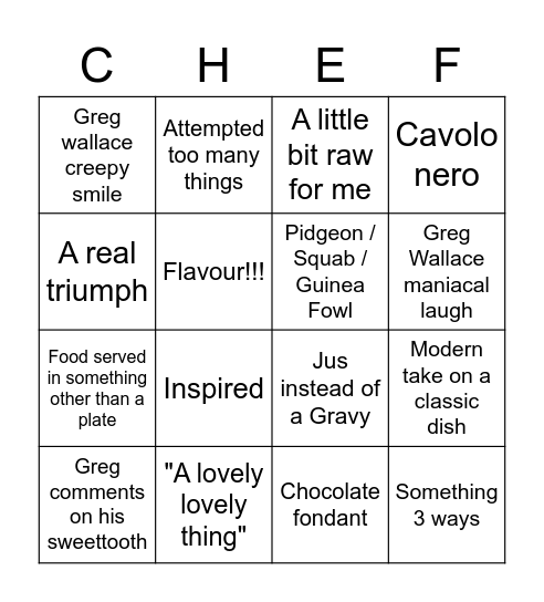 Master Chef Bingo Card