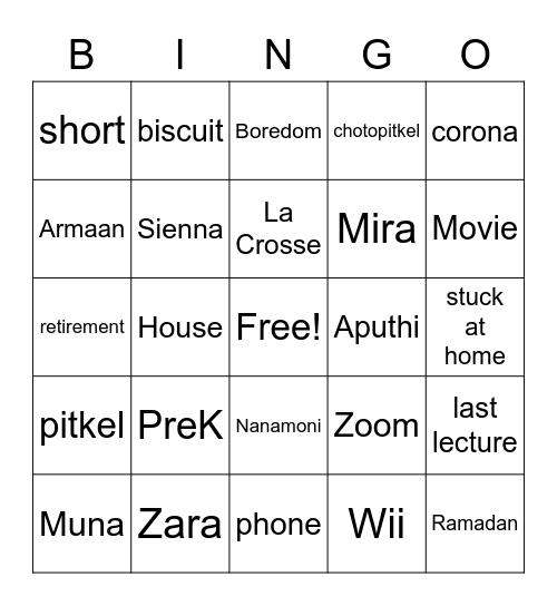 Family Bingo Card