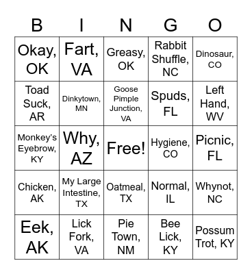 Real US Cities Bingo Card