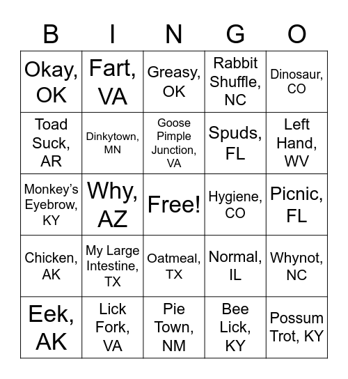 Real US Cities Bingo Card