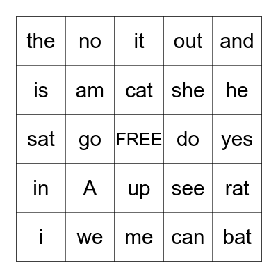 Sight Word Bingo Card