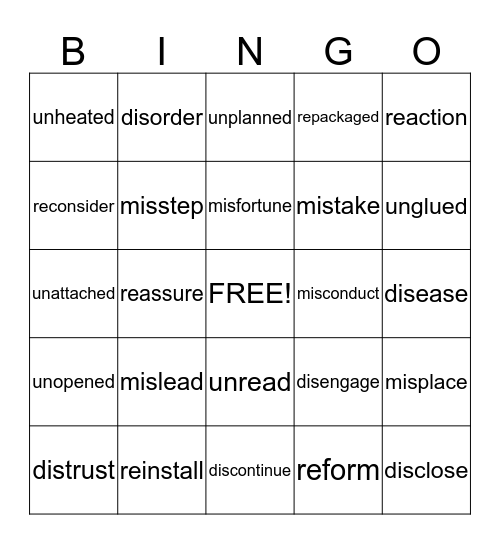 PREFIXES Bingo Card