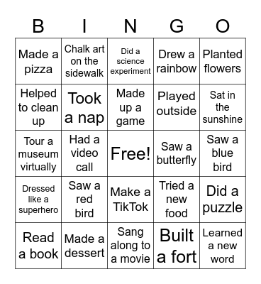 Kids' Version Bingo Card