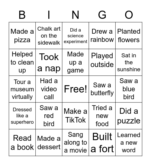 Kids' Version Bingo Card