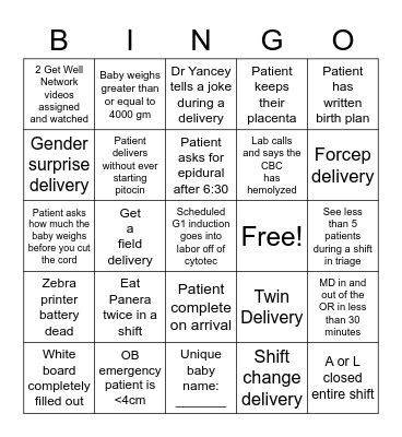 CMC Labor and Delivery Bingo Card