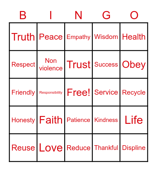 Values Bingo Card