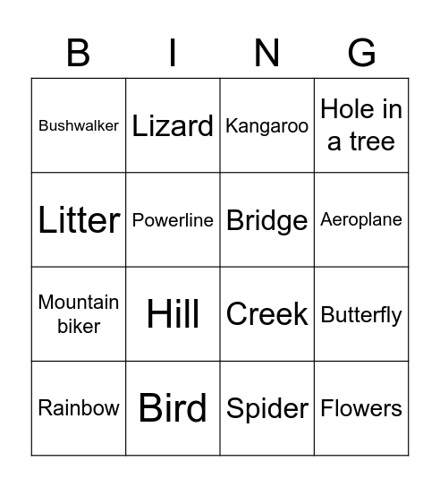 Bushwalk Bingo Card