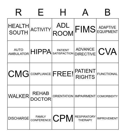 REHAB BINGO Card