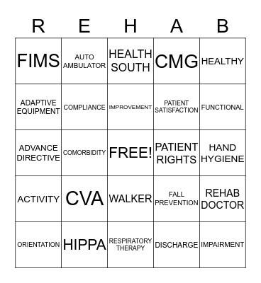 REHAB BINGO Card